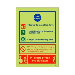 3 Point Glow In The Dark Fire Action Notice Sign - In The Event Of Fire Break Glass