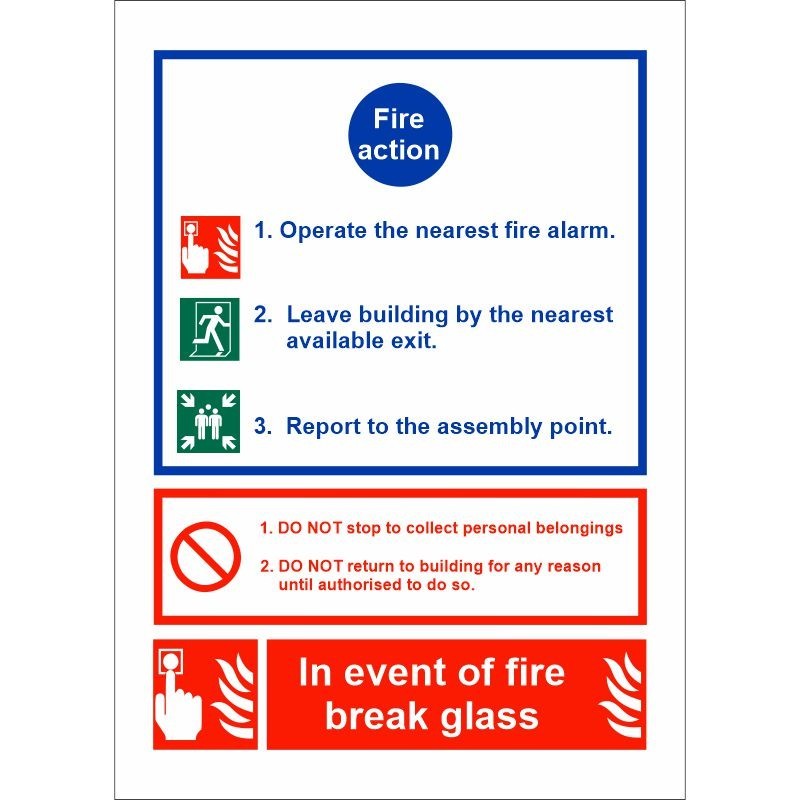 3 Point Fire Action Notice Sign - In Event Of Fire Break Glass