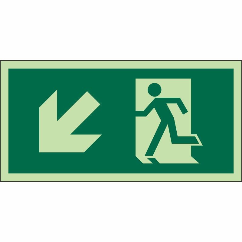 ISO Glow in the Dark Fire Exit Arrow Down Left Sign