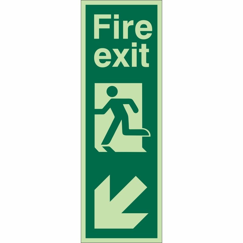 Portrait Glow In Dark Fire Exit Arrow Down Left Sign